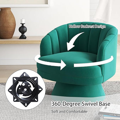 Swivel Accent Chair,Upholstered Velvet 360° Swivel Barrel Chair for Living Room Overstuffed Bouncle Reading Chair Round Armchair for Bedroom,Vanity,Office (Dark Green)