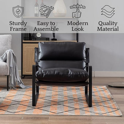 LukeAlon Modern PU Leather Accent Armchairs Set of 2, Upholstered Living Room Chairs with Metal Base Removable Thickened Cushion Sofa Chairs Comfy Lounge Chair for Bedroom Living Room Office, Black