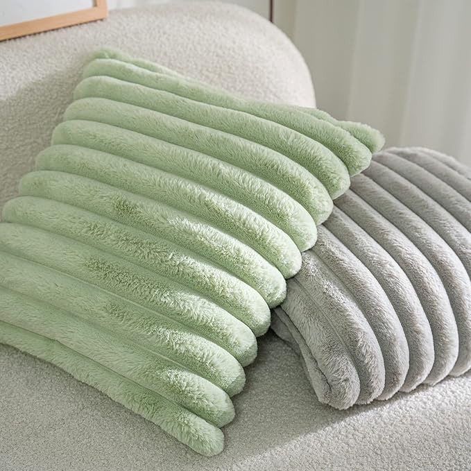 DEELAND Pack of 2,Double-Sided Faux Fur Plush Decorative Throw Pillow Covers Fuzzy Striped Soft Pillowcase Cushion Covers for Sofa Couch Bedroom Lightgrey 26x26 inch
