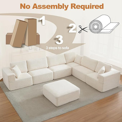 L-Shape Cloud Modular Sectional Sofa Couch,Modern Boneless Sectional Couch with Deep Seat,Upholstered Couches for Living Room Bedroom,No Assembly Required,Beige