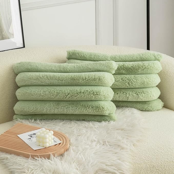 Neelvin Green Faux Fur Cozy Soft Striped Decorative Throw Pillow Covers 12x20 inch Set of 2,Velvet Pillowcase Cushion Case for Sofa Couch