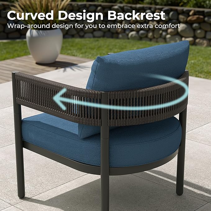 Gand Patio Outdoor 3-Seat Couch Sofa, Wicker Conversation Set with Thick Cushion for Porch, Garden, Yard, Peacock Blue