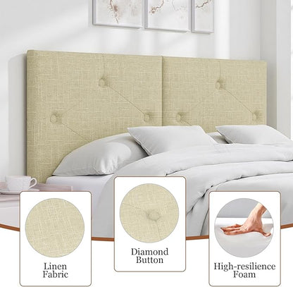 Modern Queen Headboard, Upholstered Linen Fabric Bed Headboard with Solid Wood & Sturdy Metal Legs, Tufted Adjustable Height Headboards in Button Design, Linen