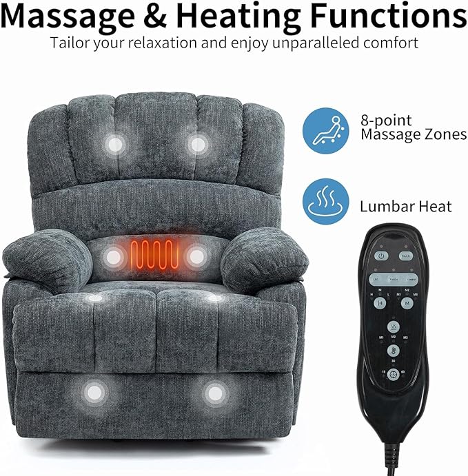 Power Recliner with Vibration Massage & Lumbar Heat, Electric Lift Chairs for Elderly, High Back Reclining Max 155 Degree with Charging Ports, Chenille Fabric Blue Gray