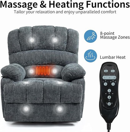 Power Recliner with Vibration Massage & Lumbar Heat, Electric Lift Chairs for Elderly, High Back Reclining Max 155 Degree with Charging Ports, Chenille Fabric Blue Gray