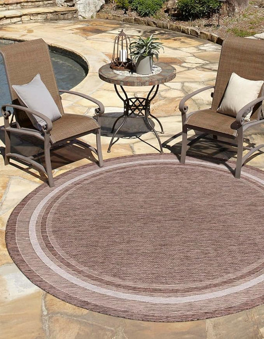 Unique Loom Outdoor Border Collection Area Rug - Soft Border (6' 1" Round Brown/Ivory)