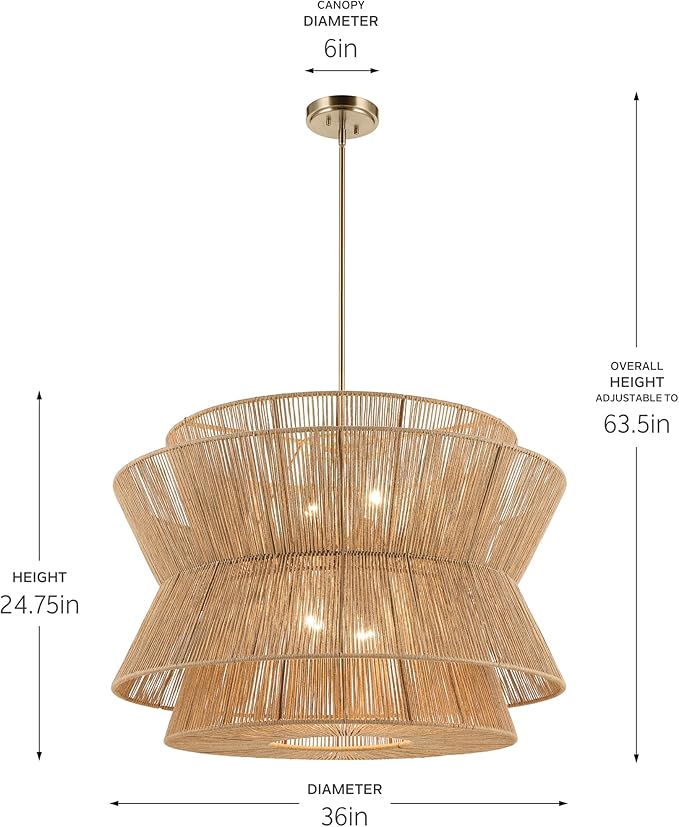 KICHLER Ophira 4-Light Pendant, Global Boho Light with Jute Shade in Champagne Bronze, Sloped Ceiling Compatible, for Living or Dining Room (24.75" x 36"), 52736CPZ