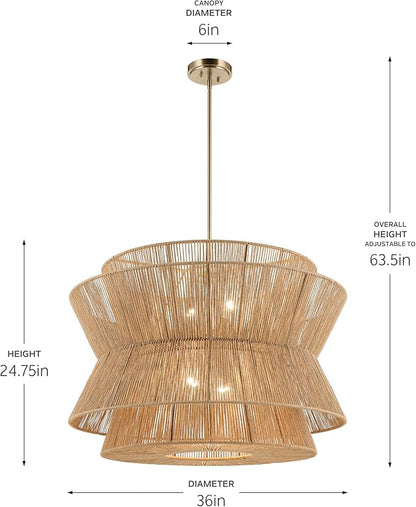 KICHLER Ophira 4-Light Pendant, Global Boho Light with Jute Shade in Champagne Bronze, Sloped Ceiling Compatible, for Living or Dining Room (24.75" x 36"), 52736CPZ