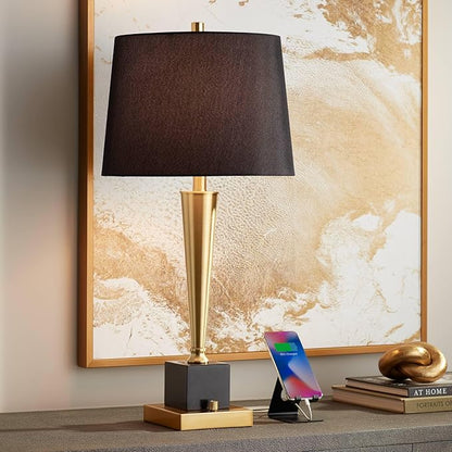 Possini Euro Design Wayne 29 1/4" Tall Modern Glam Luxury End Table Lamp with USB Ports A+C Charging Brass Finish Metal Black Marble Living Room Bedroom Bedside Nightstand House Office Home