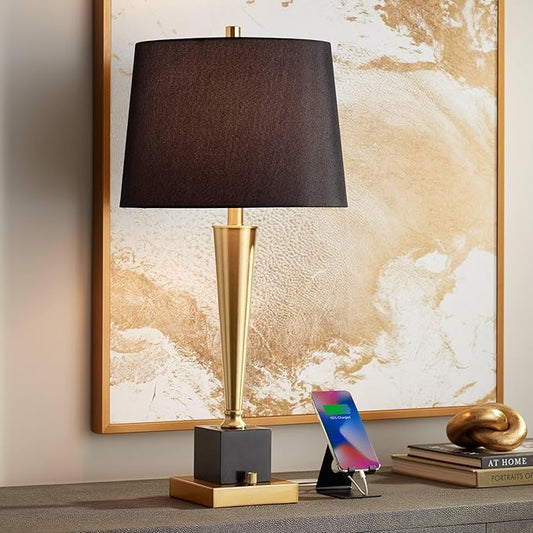 Possini Euro Design Wayne 29 1/4" Tall Modern Glam Luxury End Table Lamp with USB Ports A+C Charging Brass Finish Metal Black Marble Living Room Bedroom Bedside Nightstand House Office Home