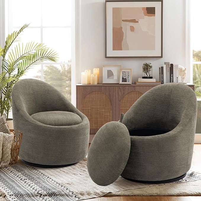 360° Swivel Accent Chair Set of 2, Mid-Century Modern Chair with Hidden Storge, Small Swivel Chair with Arms for Living Room/Office - Green