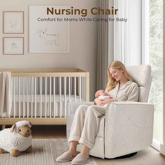 Homdox Power Recliner Chair Swivel Glider with Massage and Heat, Oversized Swivel Rocker Chair, Living Room Nursery Reclining Chair with USB, Faux Leather, for Small Spaces, Ivory