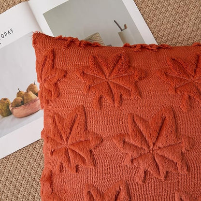 Kevin Textile Maple Leaf Pillow Covers 18x18 Inch Set of 2 Fallen Leaves Embroidery Decor Soft Plush Faux Fur Throw Pillows Pillowcases for Holiday Harvest Decor Sofa Couch Bedroom, Rust