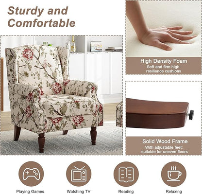 Pia Ricco High Back Floral Accent Chair - Retro Wingback Upholstered Armchair with Nailhead Trim, Solid Wood Legs, Fabric Living Room Bedroom Reading Chair (Flower Beige)