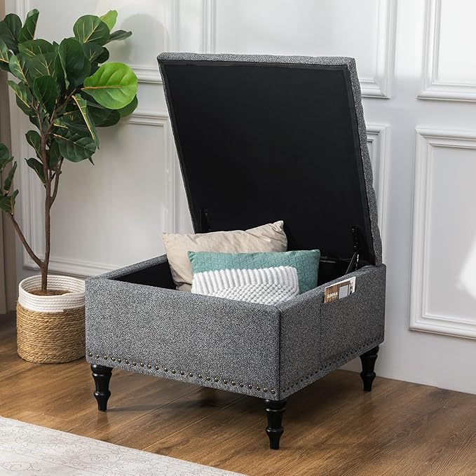 Square Ottoman with Storage Tufted Upholstered Storage Ottoman Square Coffee Table Ottomans with Legs 28’’ Large Fabric Footrest Ottomans Stool with Lift Top for Living Room Grey