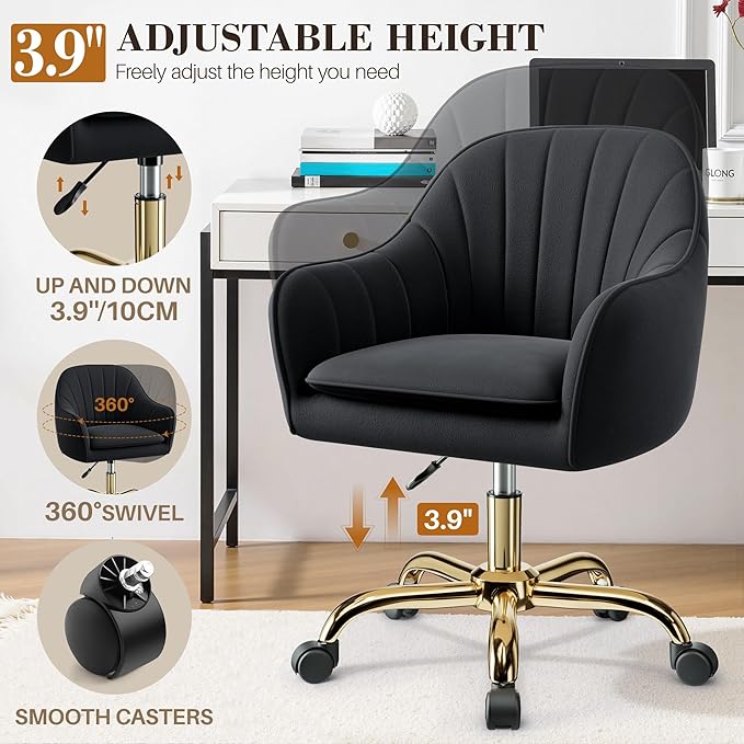 Comfy Home Office Desk Chairs Vanity Chair with Wheels Adjustable Modern Velvet Makeup Vanity Chairs for Bedroom Living Room（Black）