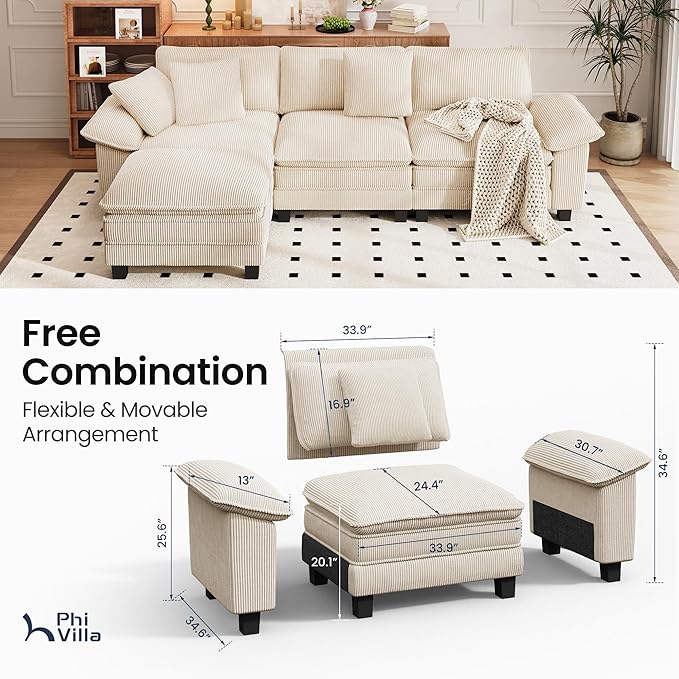 PHI VILLA Cloud Modular Couch Sets, 123.6" Sectional Sofa with L-Shaped Chaise, 4-Seater Upholstered Couches with Movable Ottoman for Living Room, Corduroy Fabric, Beige