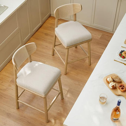Watson & Whitely Boho Counter Height Bar Stools Set of 2, 27” Modern Upholstered Bar Stools with Natural Woven Rope Back and Solid Wood Frame for Kitchen Island, Home Bar, Fabric in Linen