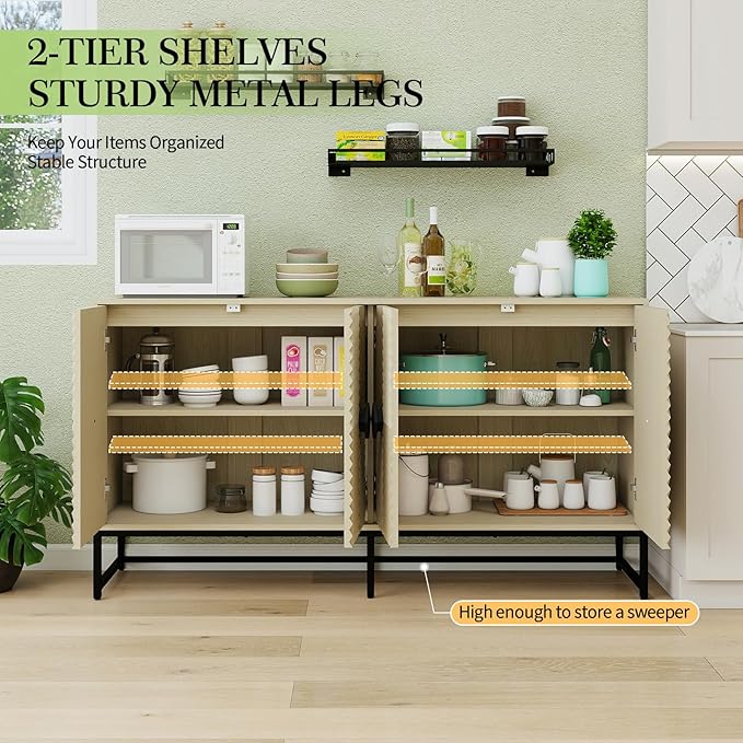 Sideboard Buffet Cabinet with Storage - Accent Storage Cabinet with Doors, Wood 4 Doors Cabinet with Metal Legs, 60" Buffets & Sideboards, Modern Credenza for Living Room (Natural)
