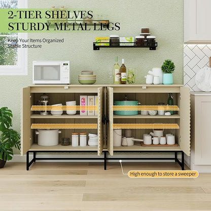 Sideboard Buffet Cabinet with Storage - Accent Storage Cabinet with Doors, Wood 4 Doors Cabinet with Metal Legs, 60" Buffets & Sideboards, Modern Credenza for Living Room (Natural)