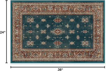 RUGGABLE Washable Vintage Area Rug – Verena Teal Blue 2x3, Stain-Resistant, Non-Slip – Small Machine Washable Rugs for Living Room, Bedroom, Hallway, Entryway & Bathroom–with Cushioned Pad