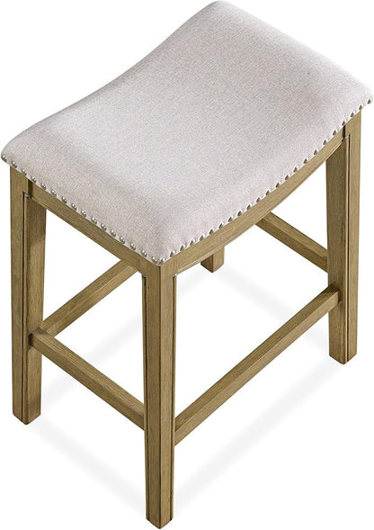 ROME + OAK Set of 2 Parker 26" Counter Stool, Backless Saddle Kitchen Barstool in Natural Wood Finish with Wheat Cream Fabric Upholstery Cushion Seat