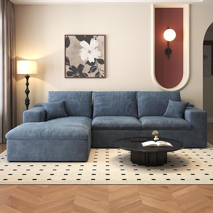 107'' L-Shaped Modern Modular Sectional Cloud Couch, 4-Seat Chenille Deep-Seat Sofa with Pillow for Living Room, Bedroom, Apartment, Ocean Blue