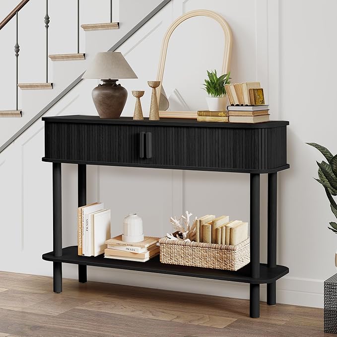 RARZOE Console Table with Storage, Fluted Entryway Table with Sliding Door&Open Shelf, Sofa Table Behind Couch, Mid-Century Modern Accent Table for Hallway, Entrance, Foyer, Fully Assembled(Black)