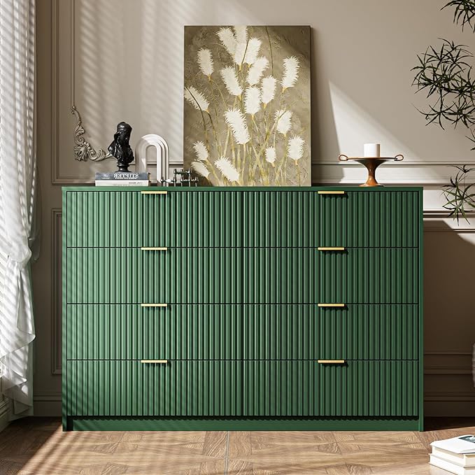 3-Piece Dresser Bedroom Set, 8 Drawer Dresser & 3 Drawer Nightstands with Gold Handles, Fluted Wood Chest of Drawers for Bedroom, Living Room, Entryway, Green