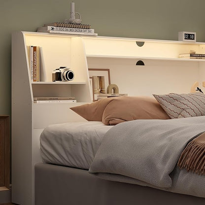 King Size Headboard Only for Bed, Wood Bookcase Headboard with Charging Station & 2 LED Lights, Modern King Bookshelf Headboard with Storage, Noise-Free, Sturdy and Durable, White