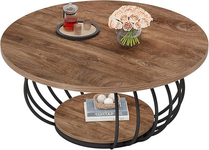 Tribesigns Round Coffee Table for Living Room, 39.4" Industrial Wooden 2-Tier Circle Accent Center Cocktail Table with Storage Shelf and Metal Frame, Rustic Brown & Black