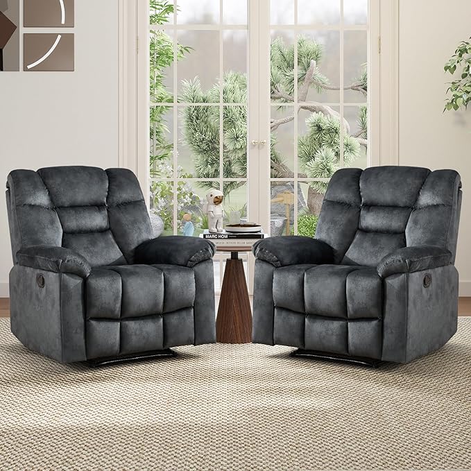 EBELLO Set of 2 Manual Recliner Chair for Adults with Soft Padded Headrest and Backrest, Overstuffed Single Recliner Sofa Chair for Living Room, Green Grey