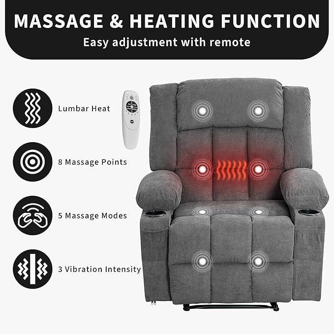 Large Recliner Chair, Manual Reclining Sofa with Massage and Heat, Comfy Sofa Chair with 3 Positions, 2 Side Pockets, 2 Front Pockets and 2 Cup Holder