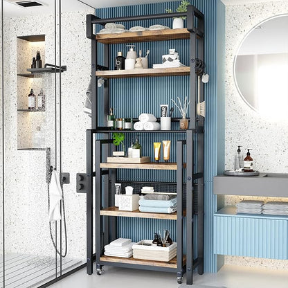 Recaceik 6-Tier Over The Toilet Storage Shelf with Cart, Freestanding Above Toilet Shelf Rack, Farmhouse Bathroom Organizer Shelves, Space Saver (Brown)