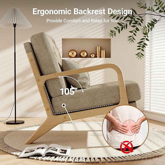 Claiks Mid-Century Modern Accent Chair, Living Room Armchair with Solid Wood Frame & Lumbar Pillow, Comfy Upholstered Lounge Chair for Bedroom, Office, Corduroy, Khaki