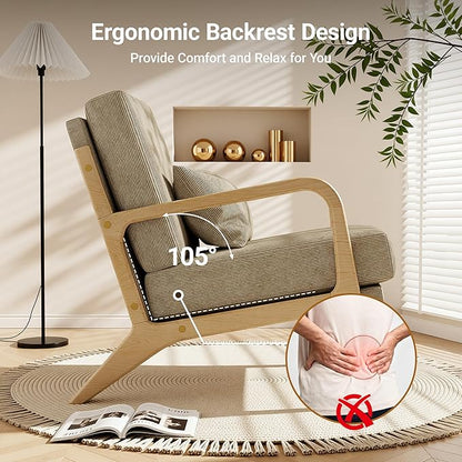 Claiks Mid-Century Modern Accent Chair, Living Room Armchair with Solid Wood Frame & Lumbar Pillow, Comfy Upholstered Lounge Chair for Bedroom, Office, Corduroy, Khaki
