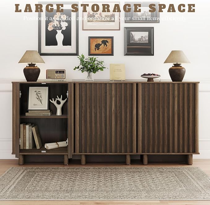 LukeAlon Fluted Sideboard Cabinet with Storage, Mid-Century Modern Accent Buffet Cabinet, 70" Wooden Credenza Cabinets for Living Room Dining Room Entryway Hallway, Walnut Color