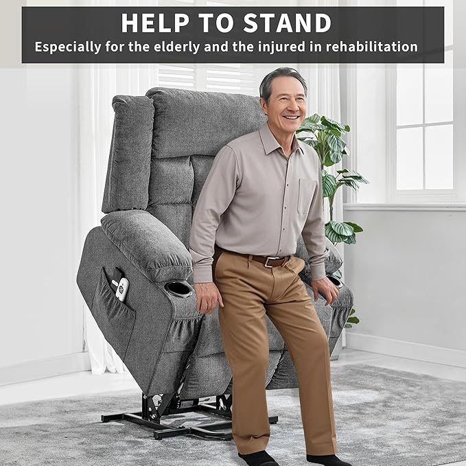 Large Power Lift Recliner Chair for Elderly Wide Electric Lift Chair with Massage and Heat for Big and Tall Adults Reclining Sofa Chair with Remote Control, Cup Holders, Side Pockets, USB Port, Gray