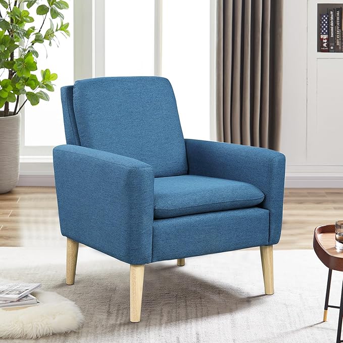 Lohoms Accent Chair for Living Room, Comfy Upholstered Reading Leisure Chair for Bedroom, Mid-Century Modern Armchair, Linen Fabric Single Sofa Chair for Apartment, Waiting Room, Navy Blue