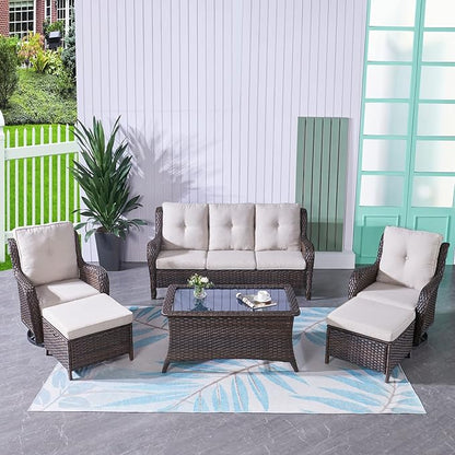 HUMMUH Patio Furniture 6 Pieces Outdoor Furniture Set Wicker Outdoor Sectional Sofa with Swivel Rocking Chairs,Patio Ottomans,Outdoor Coffee Table