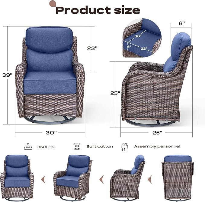 Rilyson Outdoor Patio Swivel Rocker Chairs Set of 2, Waterproof Wicker, High Back, Deep Seating, Wide Armrest, Upgraded 6 inch Thick Cushions, Side Table, Ideal for Deck Porch Yard, Brown/Blue