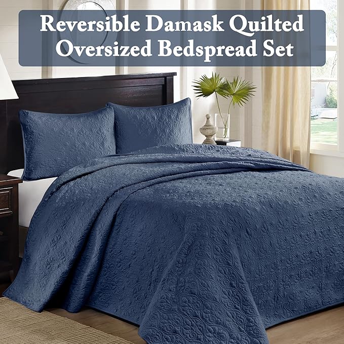 Madison Park Quebec Queen Size Quilt Bedding Set - Navy , Damask – 3 Piece Bedding Quilt Coverlets – Ultra Soft Microfiber Bed Quilts Quilted Coverlet