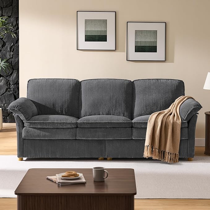 ONBRILL 86.6" Corduroy Couches for Living Room, Comfy 3 Seater Sofa with Pillow-Top Armrest & Dual-Layer Cushions, Mid Century Modern Couch for Bedroom, Apartment, Grey
