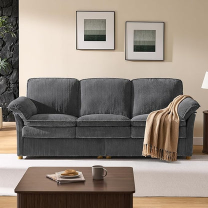 ONBRILL 86.6" Corduroy Couches for Living Room, Comfy 3 Seater Sofa with Pillow-Top Armrest & Dual-Layer Cushions, Mid Century Modern Couch for Bedroom, Apartment, Grey