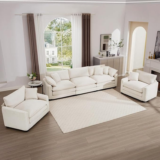 mikibama Luxury 3 Piece Sofa Set, 3-Seater & 2 Single Sofa Set, Modern Corduroy Comfy Cloud Couches Set for Living Room Office with 2 Armrest Pillows and 5 Toss Pillows, Beige
