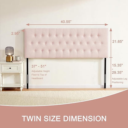 Tufted Upholstered Headboard Twin Size, Solid Wood Head Board with Durable Metal Legs, Adjustable Height Bed headboard from 37” to 51” Fabric Headboard in Modern Button Design, Pink
