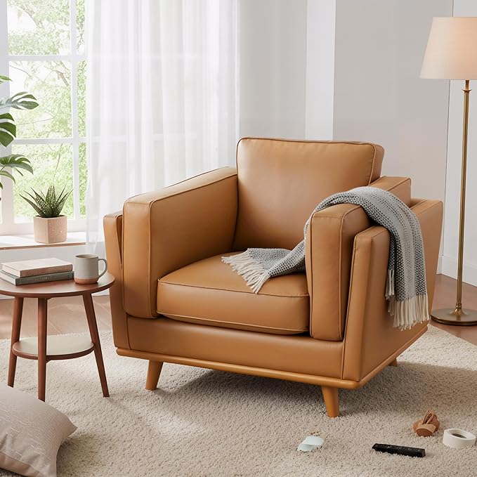 MCombo Napa Leather Accent Chair, 41.9'' Wide Leather Chair for Living Room, Office, Solid Wood Accent, VE792 (Cognac Tan)