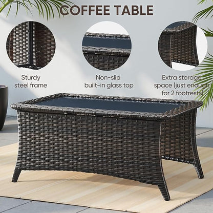 Swivel Patio Chairs sofa Set of 8 with 6" Thick Cushion - Wicker Outdoor Swivel Rocker Patio Chair ,Sofa/Glass coffee table, High Back Comfortable Outdoor Glider Chairs - Brown Wicker | Gery Cushions