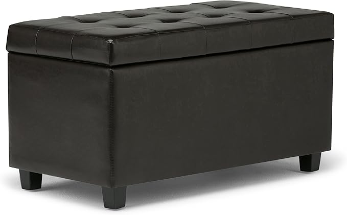 SIMPLIHOME Cosmopolitan Storage Ottoman - 34 inch Wide Upholstered Vegan Leather Rectangle Storage Ottoman Bench in Tanners Brown, Transitional Tufted Ottoman for Living Room with Lift-Up Lid