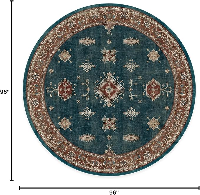 RUGGABLE Washable Vintage Area Rug – Verena Teal Blue 8 ft Round, Stain-Resistant, Non-Slip – Large Machine Washable Rugs for Living Room, Bedroom, Hallway, Entryway & Office–with Cushioned Pad